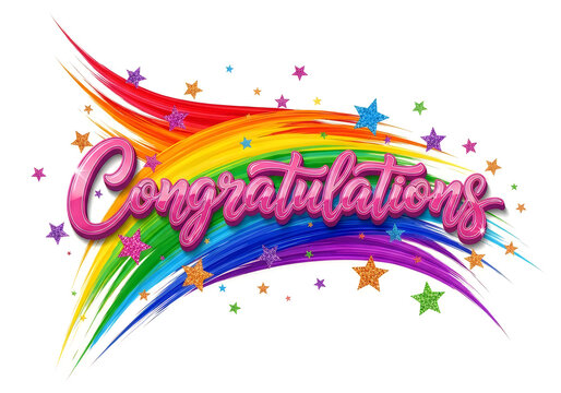 Colorful rainbow congratulations message with stars on white background