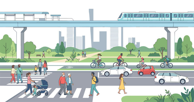 Sustainable urban transportation scene featuring cyclists pedestrians cars and elevated train in modern city illustration