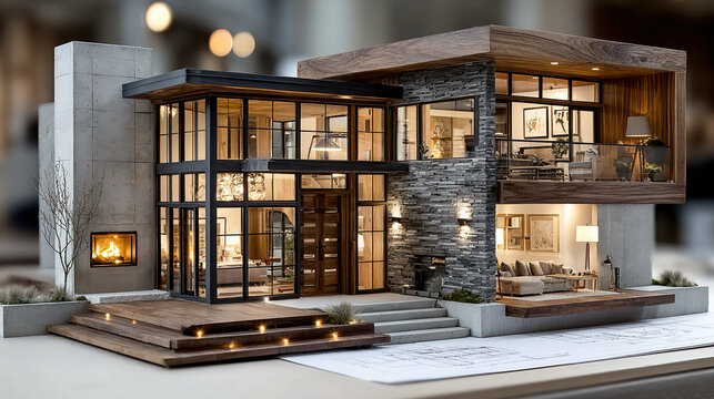 Architect workshop with detailed house replica blending digital schematics and hands-on craftsmanship professional design model architectural project urban planning and interior-exterior visualization