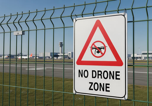 No drone zone sign on airport fence with control tower in background
