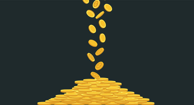 Constant stream of golden coins falls from above to form a large pile of wealth against a dark gray background for finance.