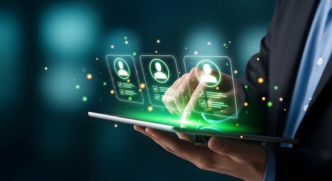 Businessman interacting with digital user profile icons on a tablet