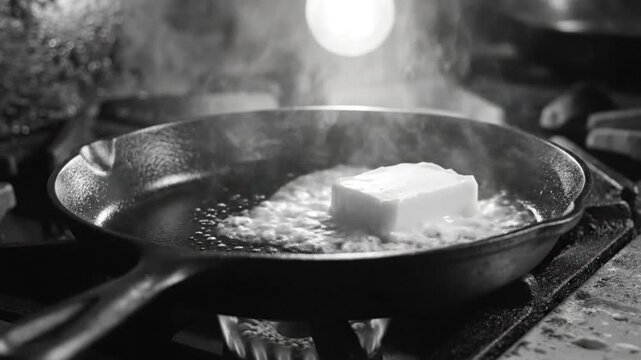 Black and white close up of a cast iron pan with a pat of butter melting on a gas stove top