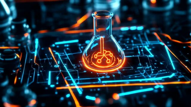 Glass flask on circuit board with glowing elements