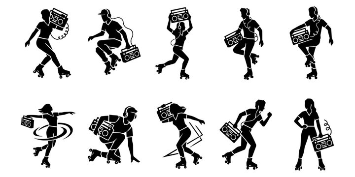 Retro Roller Skater with Boombox Silhouettes Vector Set: 80s Roller Disco Characters