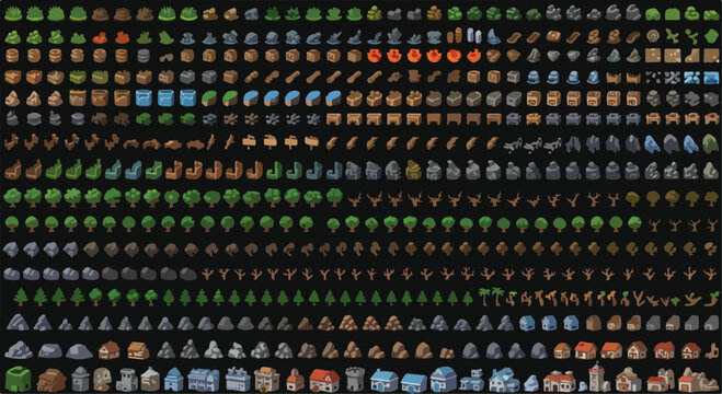 Pixel art game assets collection, isometric 2D environment sprites for RPG and strategy games, nature and building icons set on black background