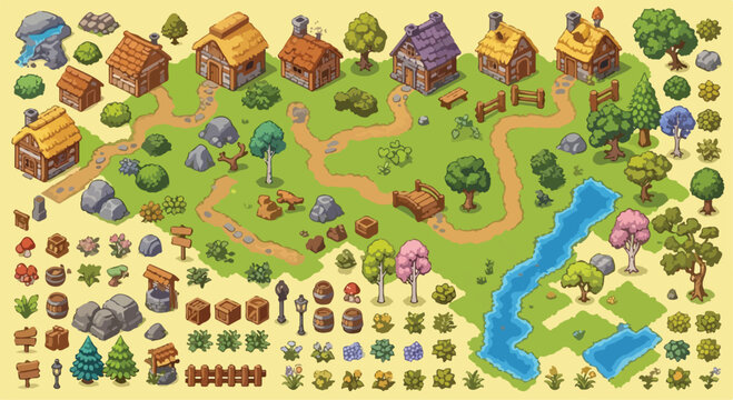 Isometric medieval village game assets, fantasy RPG map builder kit with wooden cottages and nature elements, cartoon landscape constructor vector