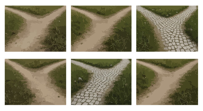 Crossroads fork in the road vector set, choice and decision concept with dirt and cobblestone paths, 6 landscape options for business strategy