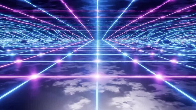 A futuristic scene with neon blue and pink lines radiating from a central point towards a cloudy sky
