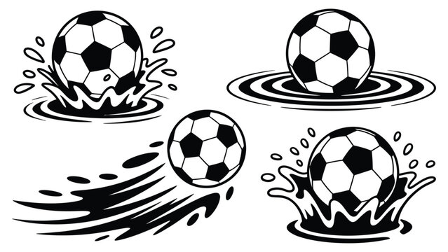 Soccer balls splashing through water and mud in dynamic action illustration