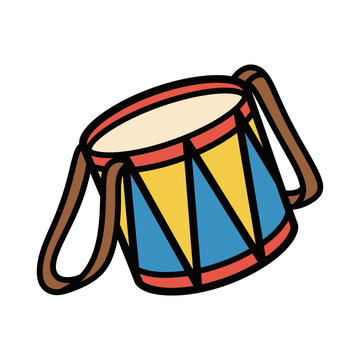 A colorful toy drum with straps, featuring a patterned cylindrical body and a light-colored top.