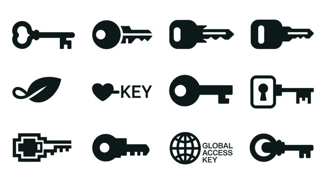 Creative collection of various stylized key icons with different designs and symbols