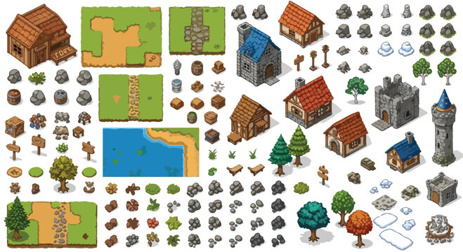 Pixel art medieval village game assets, isometric fantasy town construction kit, retro 8-bit rpg map elements with houses and nature