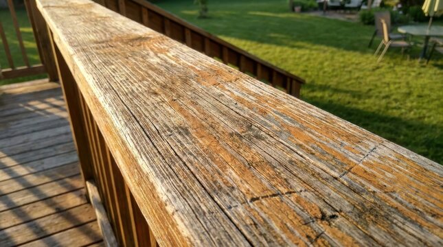 Deeply Grooved Weathered Wooden Plank on an Exterior Deck railing with a Blurred Green Background