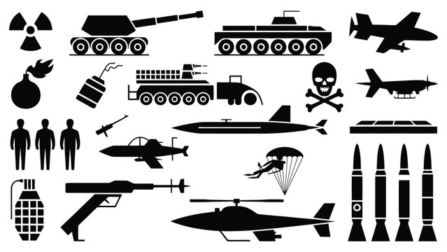 Collection of military weapons and equipment icons isolated on transparent background