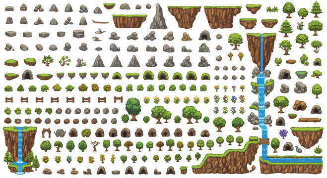 Pixel art game assets collection, retro 2D platformer environment elements, nature landscape sprites with trees rocks and waterfalls for game design