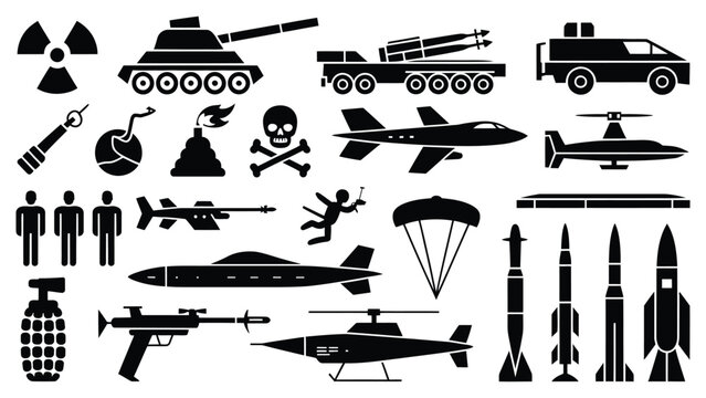 Collection of military and warfare icons featuring weapons aircraft and symbols isolated on transparent background