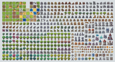 Isometric pixel art game assets collection, fantasy world map building elements, medieval landscape tiles and nature sprites vector set © Allah k hwaly