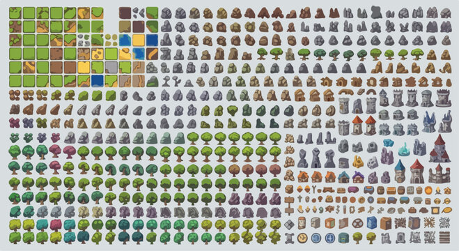 Isometric pixel art game assets collection, fantasy world map building elements, medieval landscape tiles and nature sprites vector set