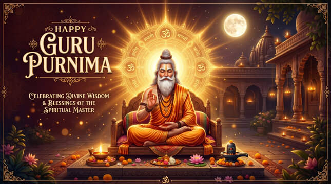 Guru Purnima spiritual celebration with holy sage meditation and temple blessing theme for branding marketing content