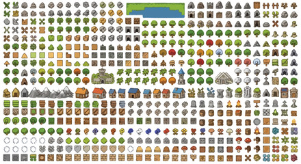 Pixel art game assets collection, retro 8-bit map icons for world building, medieval fantasy landscape elements vector set © Allah k hwaly