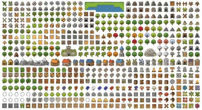 Pixel art game assets collection, retro 8-bit map icons for world building, medieval fantasy landscape elements vector set