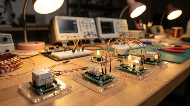 Electronic circuits and sensor modules with delicate wires and glowing LEDs undergoing testing on a wooden workbench with oscilloscopes in the background