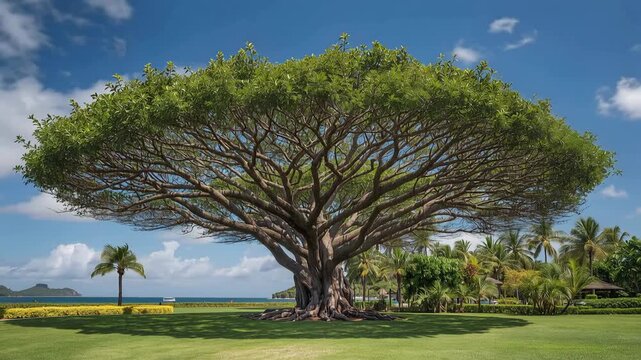 南国の開放的な空の下で広がる大樹の樹冠、トロピカル公園の風景