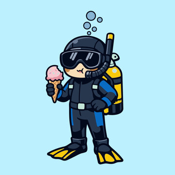 A delightful cartoon scuba diver enjoying a refreshing ice cream cone, a whimsical and humorous illustration of underwater leisure and sweet indulgence