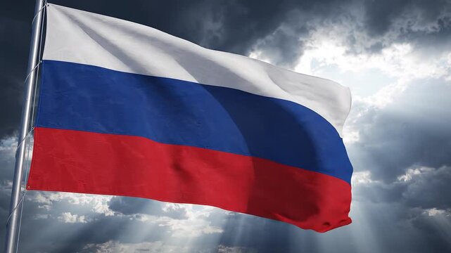 Russian Flag Waving in a Dramatic Sky with Sunbeams