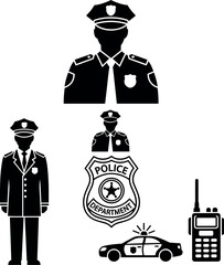 Police Officer and Law Enforcement Icon Collection with Patrol Car Badge and Radio Isolated on White Background © Aktara