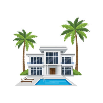 A modern, multi-story house with a swimming pool and palm trees, suggesting a luxurious vacation home.