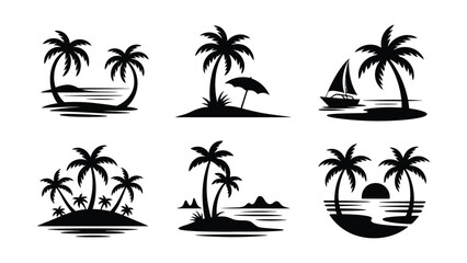 Fototapeta premium Black and white tropical island vacation illustrations with palm trees and beach scenes