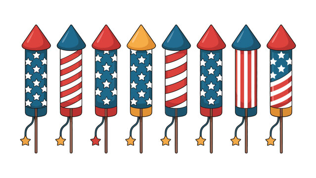Colorful fireworks rockets with American flag design for patriotic celebrations