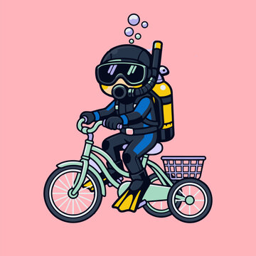 A playful and charming scuba diver embarks on an unusual land adventure, merrily cycling a quaint tricycle