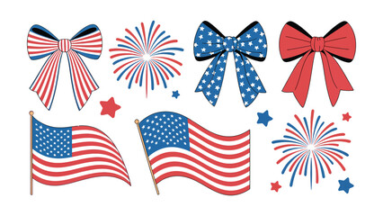 Fototapeta premium Patriotic American themed bows flags fireworks and stars illustration collection
