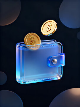 Conceptual 3D illustration of golden dollar coins falling into a transparent glass wallet symbolizing digital savings and financial success background.