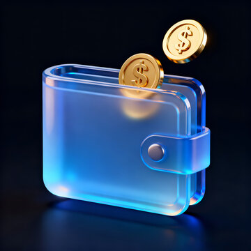 Conceptual 3D illustration of golden dollar coins falling into a transparent glass wallet symbolizing digital savings and financial success background.