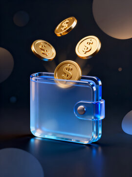Conceptual 3D illustration of golden dollar coins falling into a transparent glass wallet symbolizing digital savings and financial success background.