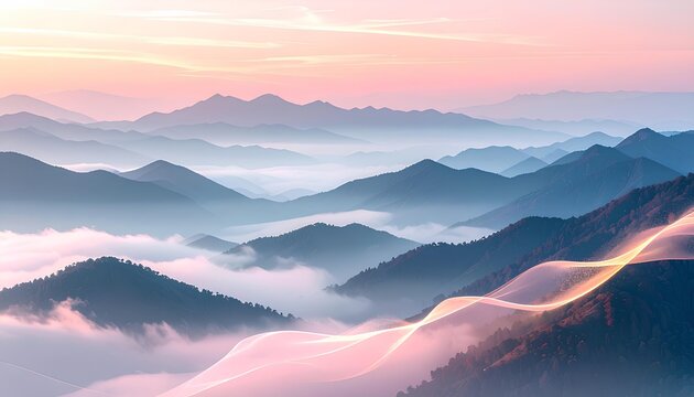 雲海に包まれた山並みの幻想的なシルエット / Silhouettes of layered mountains shrouded in fog at dawn (Generative AI)