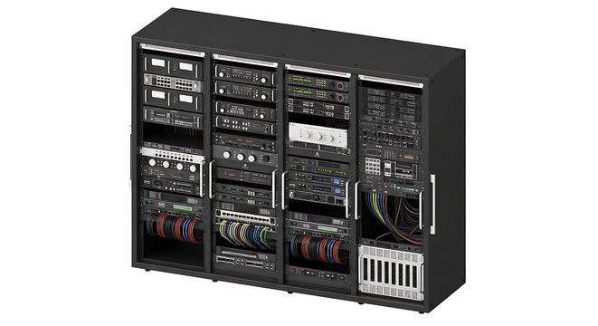 Large black network server rack cabinet with multiple electronic hardware devices and cable management. av rack . av rack 