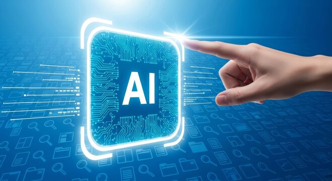 Finger touching digital AI microchip on electronic circuit board with network hologram, artificial intelligence data processing for automated document generation and text analysis.