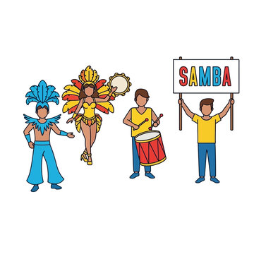 Performers in colorful costumes celebrate with drums and a samba sign, embodying festive energy.