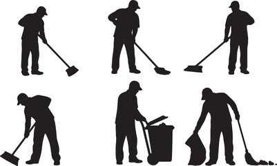 Naklejka premium Black Solid Outdoor Street Sweeper Silhouettes Set of Six on White Background