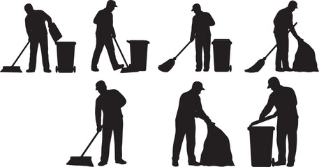 Naklejka premium Black Solid Outdoor Street Sweeper Silhouettes Set of Six on White Background