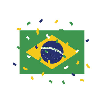 The Brazilian flag is depicted with confetti falling around it, symbolizing celebration and national pride.