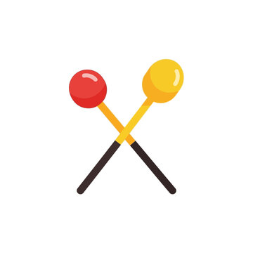 Two crossed drumsticks, one red and one yellow, are depicted in a simple graphic illustration.