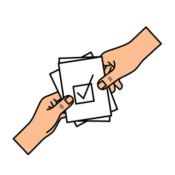 Two hands exchange papers, one with a checked box, symbolizing a vote or decision being made.