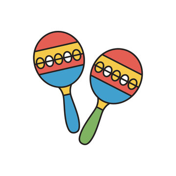 Two colorful maracas with red, yellow, and blue sections, featuring a pattern of white circles on a yellow band.