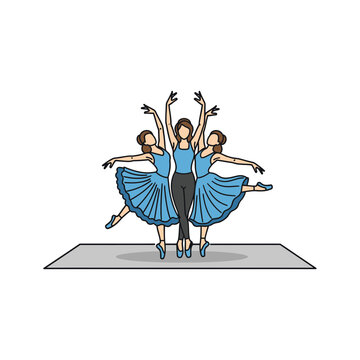 Three ballerinas in blue tutus and pointe shoes perform a graceful dance on a stage.